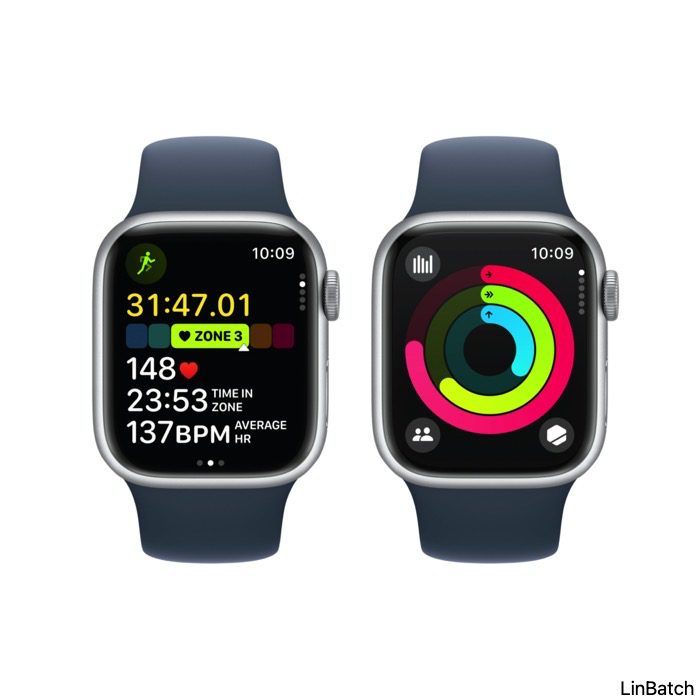 Apple Watch Series 9 GPS 45mm Silver Aluminium Case with Storm Blue Sport Band S/M & M/L - Image 3